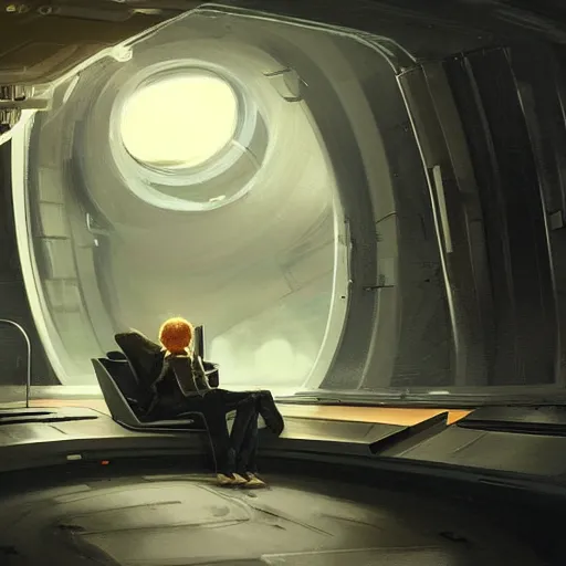 Image similar to concept art by greg rutkowski, a very tall, and slender man with messy blond hair, wearing a black sweater, sitting in the spaceship command bridge, brutalist futuristic interior, dark lighting atmosphere, detailed portraits, nostalgic atmosphere, scifi, digital painting, artstation, concept art, smooth, sharp foccus ilustration, artstation hq