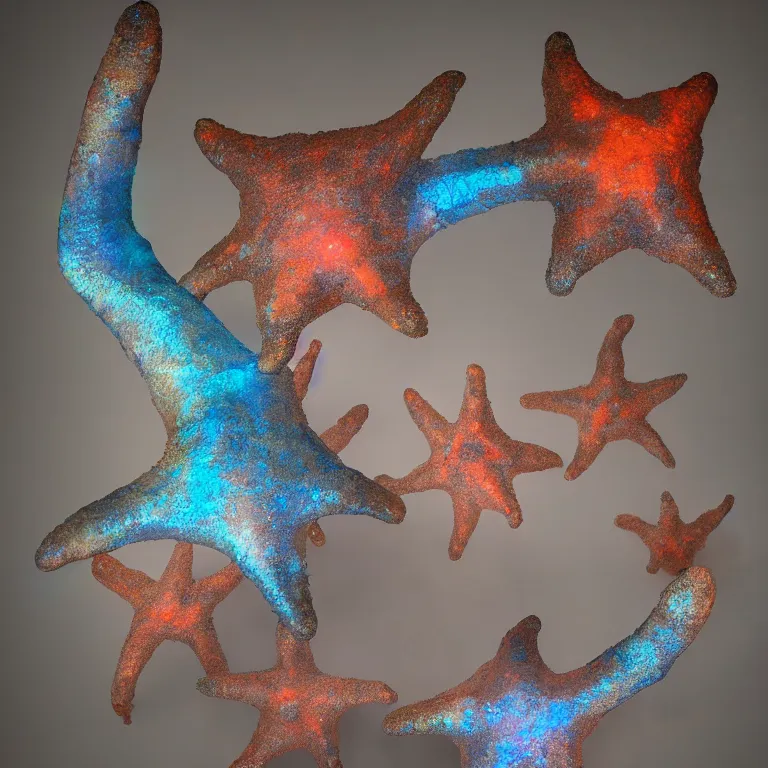 Prompt: hyperrealistic sculpture of a bronze ancient fossilized bulging starfish dusted with opalescent blue and iridescent red spraypaint in a nylon grid cage on a pedestal by ron mueck and duane hanson and lee bontecou, hyperrealistic dramatic colored lighting trending on artstation 8 k