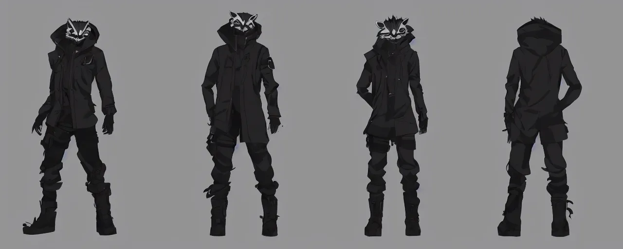 Image similar to a male anime cyberpunk raccoon wearing a heavy jacket and heavy black boots, character concept exploration, outfit designs, trending on artstation; clear silhouette, strong design