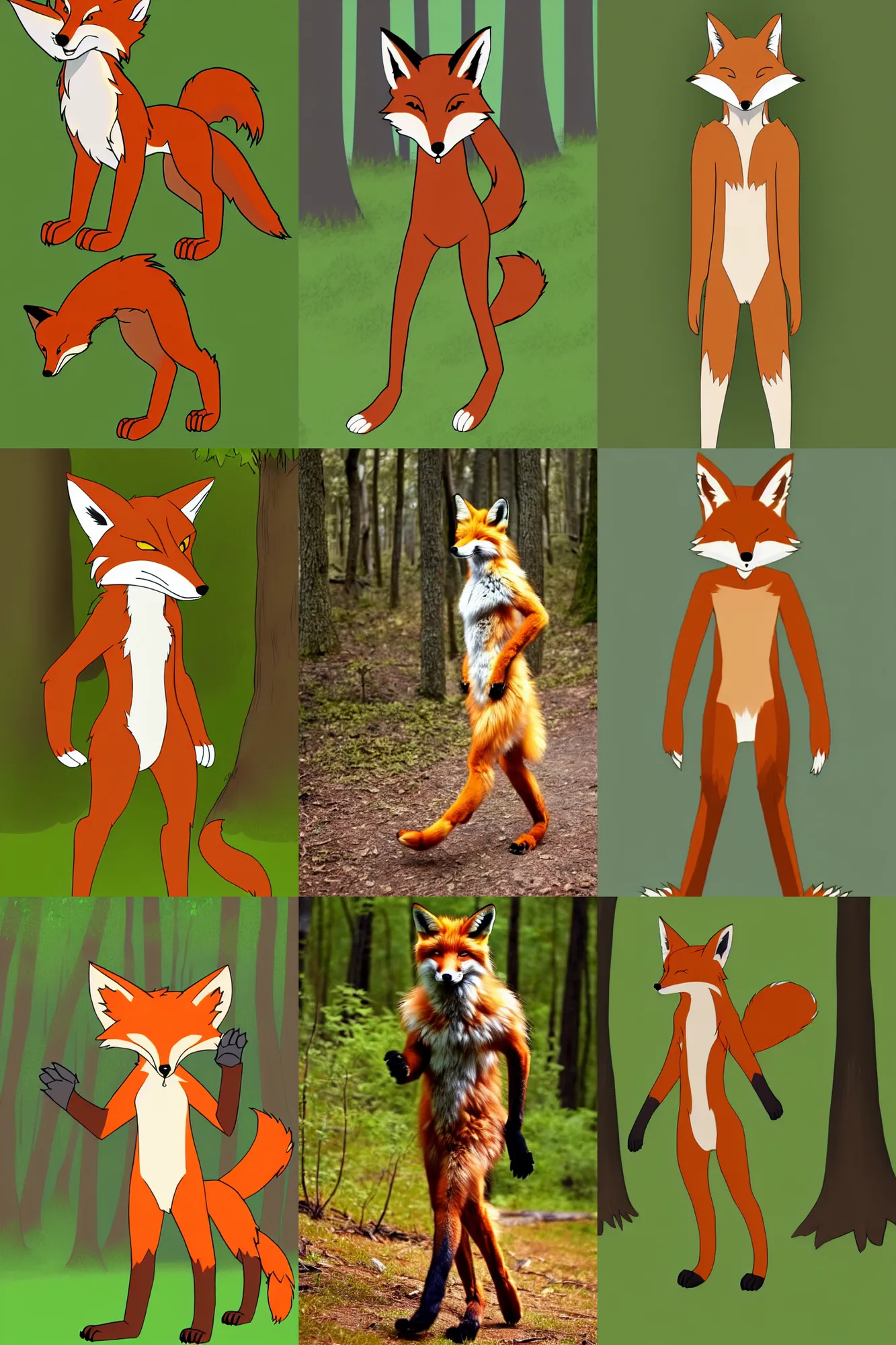 Prompt: anthro digitigrade natural - colored fox person with black paws, walking upright in a forest, fursona, furry fandom