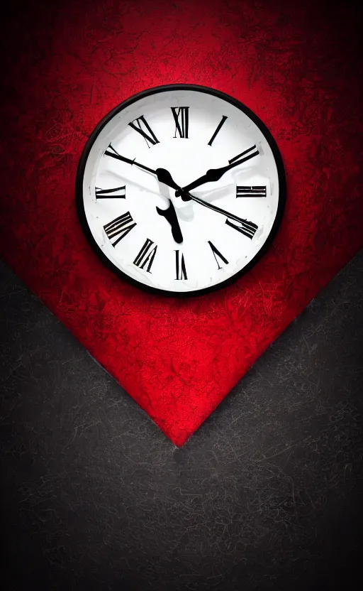 Image similar to a melting Roman numeral clock, behind a red and black gradient background, awith a black heart shaped on the top left corner and a black diamond card shape in the bottom right corner, dynamic lighting, photorealistic fantasy concept art, trending on art station, stunning visuals, cinematic, creative, ultra detailed