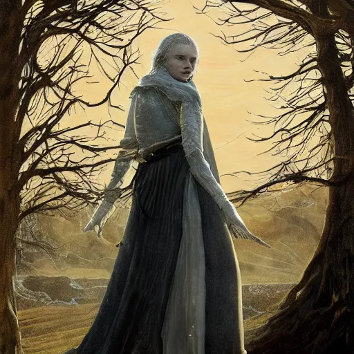 Prompt: Elle Fanning in the painted word of Dark Souls, head and shoulders masterpiece, apocalypse, golden hour, cosmic horror, artstation, in the style of Andrew Wyeth, extremely detailed