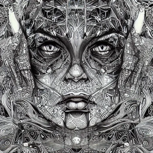 Image similar to Geometrically surreal Artificial Intelligent Faces, extremely high detail, photorealistic, intricate line drawings, dotart, album art in the style of James Jean