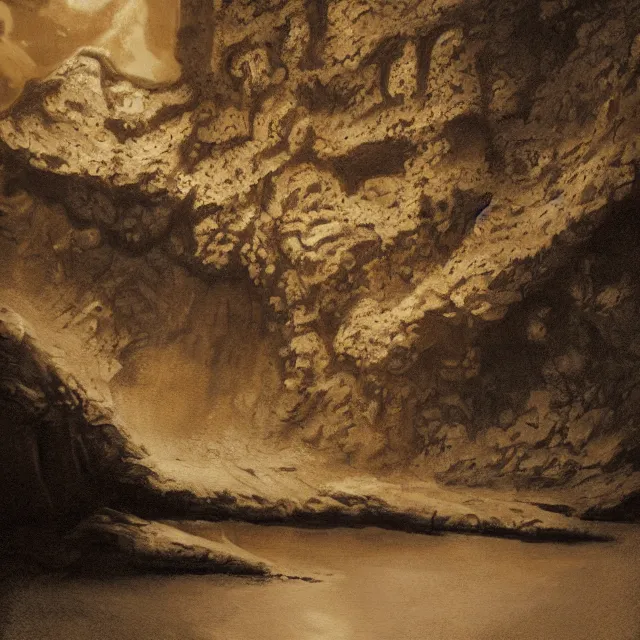 Image similar to photorealistic sepia painting of a jamaican sea cliff with the mouth of a sea cave at the waterline, dark, brooding, atmospheric, lovecraft, by dave dorman