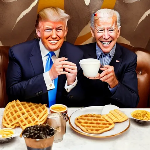 Image similar to photograph of trump and Biden sitting and eating breakfast at a Wafflehouse