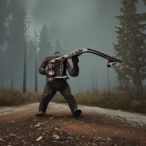 Prompt: bear with chainsaw arms, unreal engine 5, realistic, dark, moody, godrays, 8k