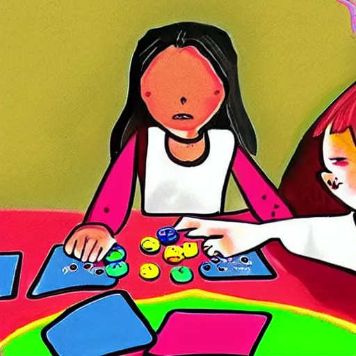 Image similar to jesus child playing uno with devil child, cute art work