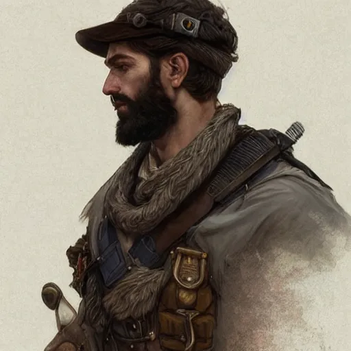 Image similar to portrait of a rugged bearded male ranger, D&D, fantasy, intricate, elegant, highly detailed, digital painting, artstation, concept art, smooth, sharp focus, illustration, art by artgerm and greg rutkowski and alphonse mucha