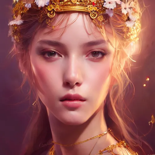Image similar to expressive oil painting, of alluring european princess, seductive look, smooth glowing skin, glistening body, ornate headpiece made from flowers, glamour shot, by yoshitaka amano, by greg rutkowski, by jeremyg lipkinng, by artgerm, digital art, octane render