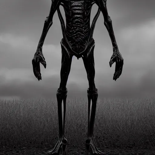 Image similar to standing photorealistic detailed tall skinny humanoid creature, extremly detailed, black and white, 8 k, realistic, sharp focus, cosmic horror creature, cosmic horror