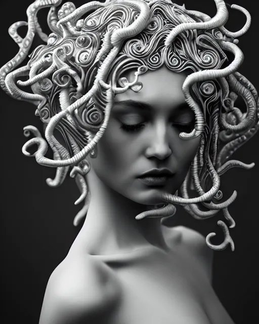 Prompt: mythical dreamy underwater black and white photo of a translucent beautiful female angelic - medusa - vegetal, highly detailed, intricate crystal ivy jelly ornate, poetic, translucent algae ornate, digital art, octane render, 8 k artistic photography, photo - realistic, hg giger