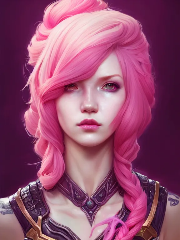 Image similar to a League of Legends FAN ART Portrait of VI, pink hair, intricate, elegant, highly detailed, digital painting, concept art, smooth, sharp focus, illustration, by Laurie Greasley,Lawrence Alma-Tadema,Dan Mumford,artstation,deviantart,Unreal Engine,face enhance,8K,golden ratio,cinematic lighting