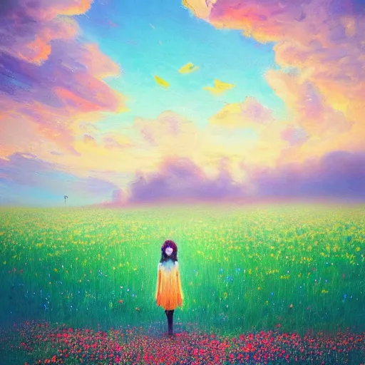 Image similar to girl with a flower face, surreal photography, bizzare, dreamlike, standing in flower field, in a valley, sunrise dramatic light, impressionistic painting, colorful clouds, artstation, simon stalenhag