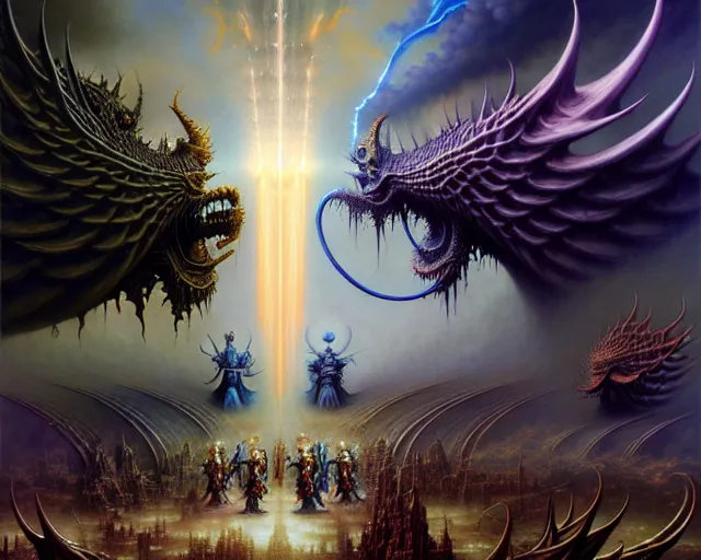 Image similar to the armies of heaven and hell, fantasy character portrait made of fractals facing each other, ultra realistic, wide angle, intricate details, the fifth element artifacts, highly detailed by peter mohrbacher, hajime sorayama, wayne barlowe, boris vallejo, aaron horkey, gaston bussiere, craig mullins