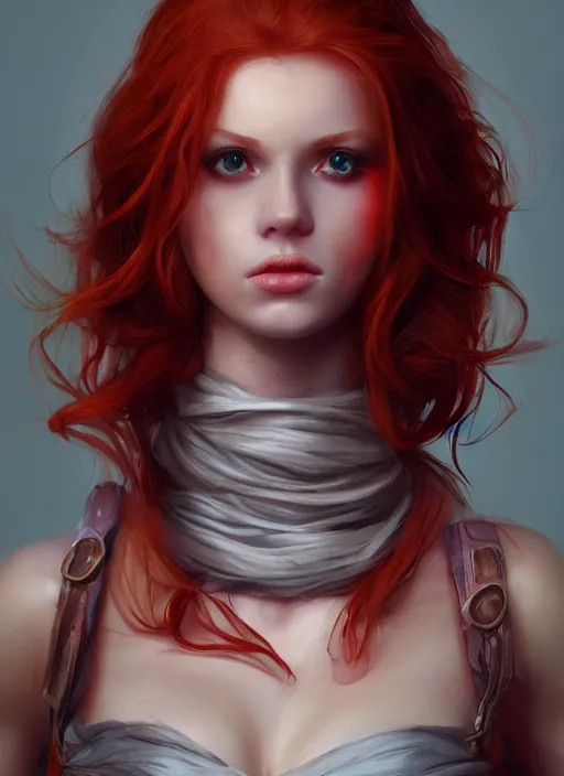 Image similar to Beautiful redhead girl which chest wrapped in bandages, portrait, fantasy, medieval, vivid colors, fantasy, elegant, concept art, sharp focus, beautiful face, digital art, Hyper-realistic, 4K, Unreal Engine, Highly Detailed, HD, Dramatic Lighting by Brom, trending on Artstation