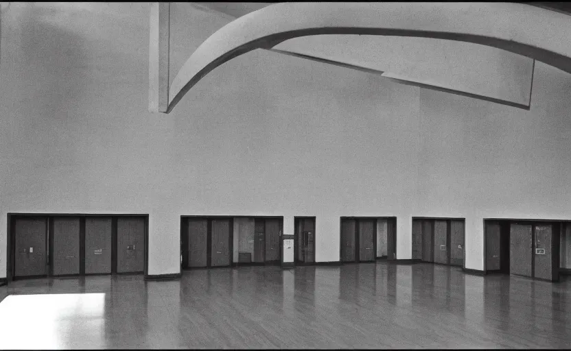 Image similar to 60s movie still of a giant stalinist style empty hall, by Irving Penn , cinestill 800t 35mm black and white, heavy grainy picture, very detailed, high quality, 4k, HD criterion, precise texture, panoramic, cinematic