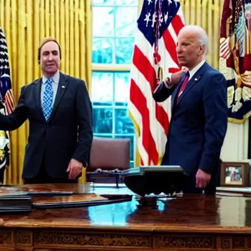 Image similar to Saul Goodman from 'Better Call Saul! shaking hands with Joe Biden in the oval office