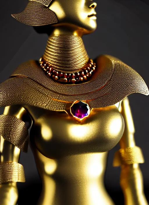 Prompt: female character, delicate features, fast movement, proportional figure. kaycee rice. neopunk armor, brass, intricate jewelry, gemstones, gold. ultra realistic. fine details. volumetric light. 8 k