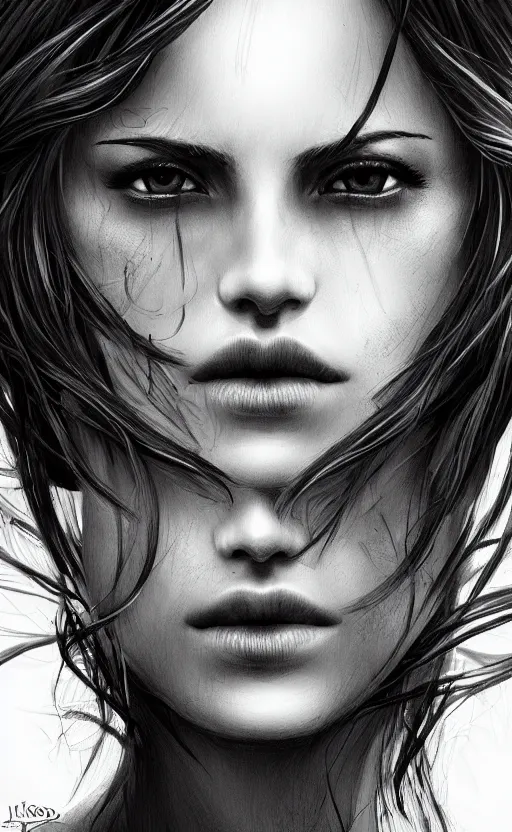 Image similar to up close portrait of a beautiful woman in black and white, photorealistic, intricate perfect hair, rule of thirds, art by diego fazio and diegoKoi and oscar Ukono, concept art, sharp focus, artgerm, 8k highly detailed