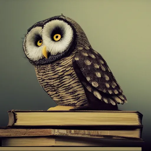 Prompt: long shot of a very cute plush and sleepy owl sitting on a pile of antique books, by naoto hatori, by yoshita amano, by esao andrews, fancy illustration hyperrealistic, big depth of field, fresh colors, moody evening light, 3 d octane render conceptart, 4 k, highly detailed, trending on artstation