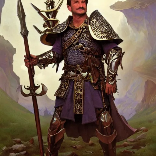 Image similar to an ultradetailed portrait of robin williams dressed as a fantasy holy paladin, carrying a large tower shield, d & d, fantasy, intricate, elegant, highly detailed, digital painting, matte, sharp focus, illustration, plate armor, god rays, art by john collier and albert aublet and krenz cushart and artem demura and alphonse mucha