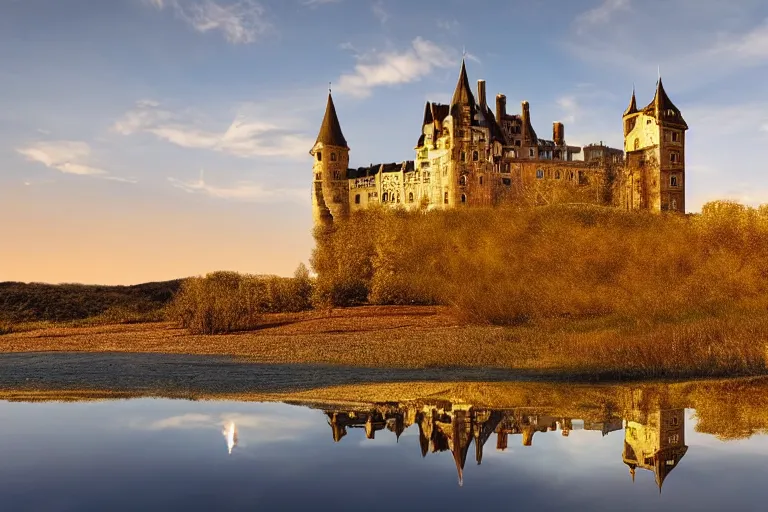 Image similar to castle, chrome, reflect, fantastic, ultra realistic!!!, clear weather, golden hour, sharp focus