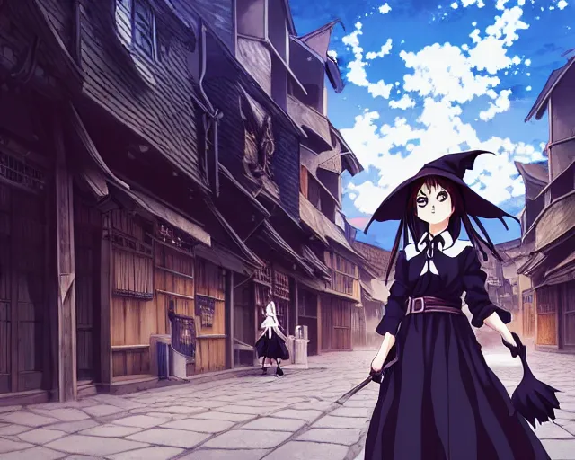 Image similar to key anime visual portrait of a young female witch walking through a busy village, dynamic pose, dynamic perspective, cinematic, dramatic lighting, muted colors, detailed silhouette, textured, finely detailed eyes, anime proportions, kentaro miura, anmi