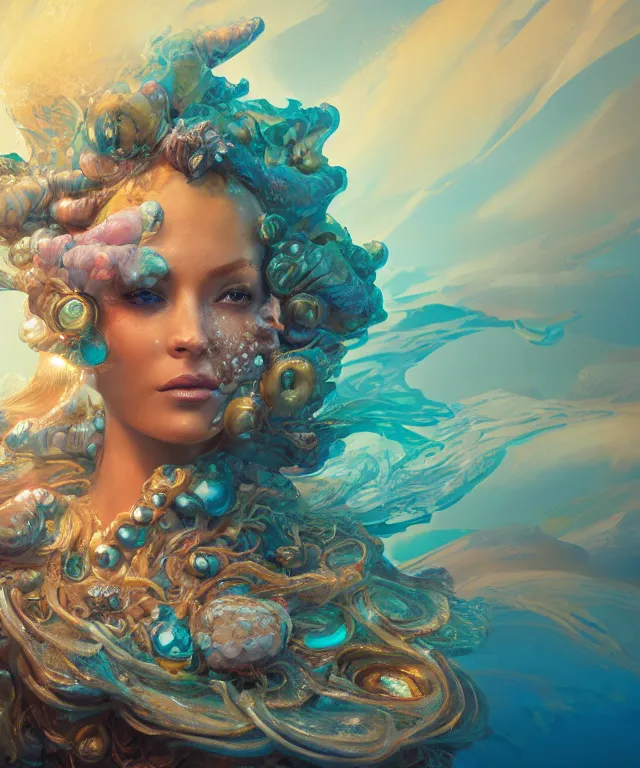 Prompt: close up portrait of a gilded conch shell queen, backlit, hyperrealistic detailed concept art, sea spray, volumetric lighting, waves, by anton fadeev, hans zatzka, peter mohrbacher, blue and cream pastel color scheme, 8 k 3 d octane render