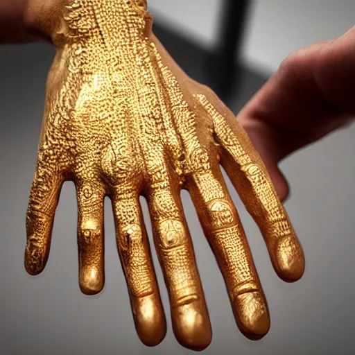 Image similar to golden hand extending to accept something, realistic, detailed,