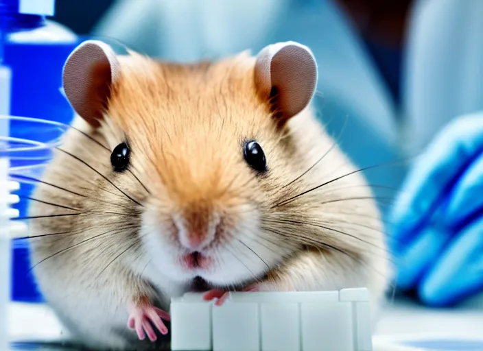 Image similar to film still of a hamster working in a research lab finding the cure for cancer, 8 k