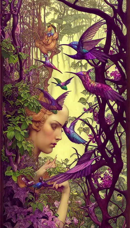 Image similar to M. C. Escher time machine, lush forest painted by tom bagshaw, mobius, mucha M. C. Escher, gold paint, ink, purple hummingbirds, gnarly details