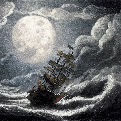 Image similar to moonlit ocean, stars in sky, leviathan attacking pirate ship flying in the sky by peter balke