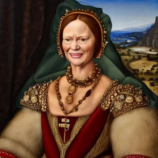 Prompt: photo realistic renaissance portrait of donald trump as a female royalty
