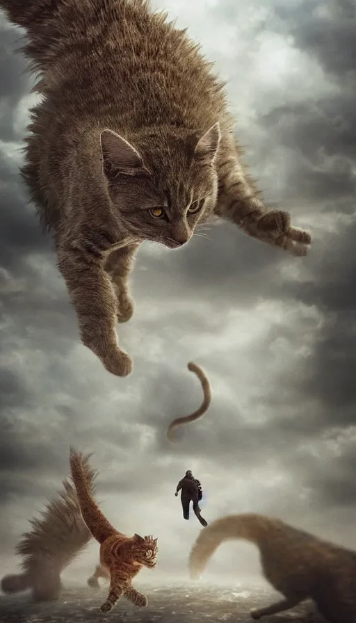 Image similar to people running away from the catzilla. trending on artstation. realistic cinematography, photorealistic, photography, wide shot