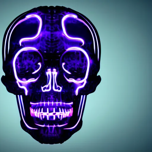 Prompt: cybernetic organism human scull with with horns blue neon light and smoke and purple lighting