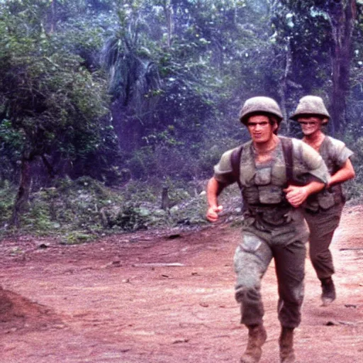 Image similar to soldier running around jungle bases, far shot, 1 9 8 7, movie still
