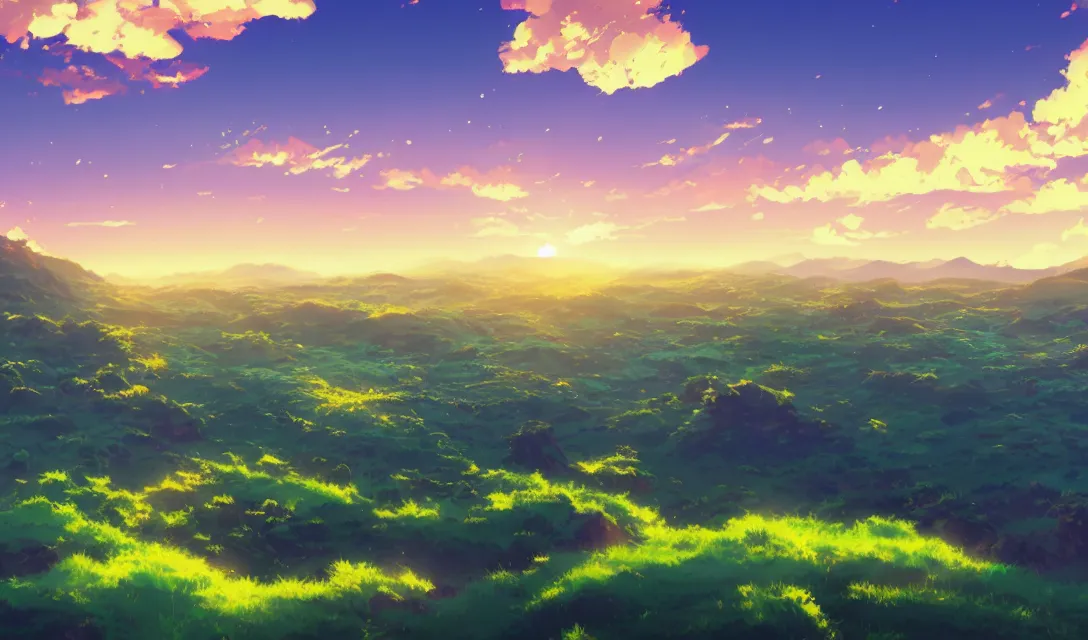 Image similar to very high quality illustration of green hills with clouds in the background, golden hour sunset, purple beautiful sky, anime key visual, official media, illustrated by wlop, extremely detailed, 8 k, trending on pixiv, cinematic lighting, beautiful