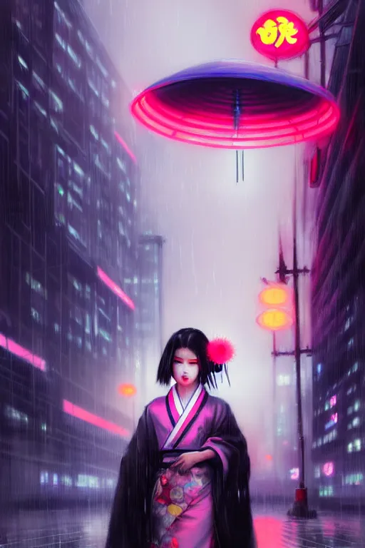 Image similar to portait of a beautiful young cyberpunk geisha half body in a kimono and with an white umbrella in cyberpunk city with neon lights, ambient lights, rainy day, digital painting, art station, by greg rutkowski
