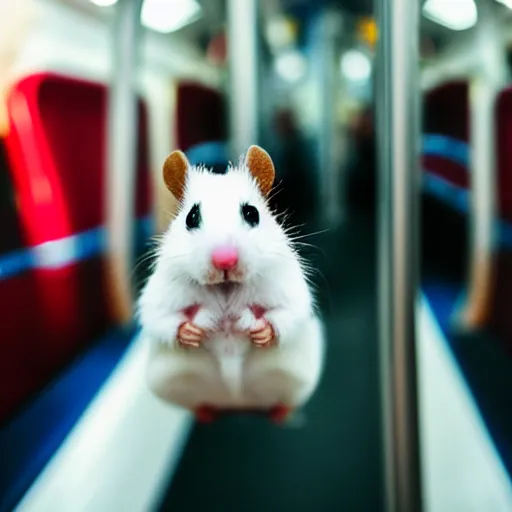 Image similar to photo of a metro train interior, a tiny hamster is sitting on a seat, various poses, unedited, soft light, sharp focus, 8 k