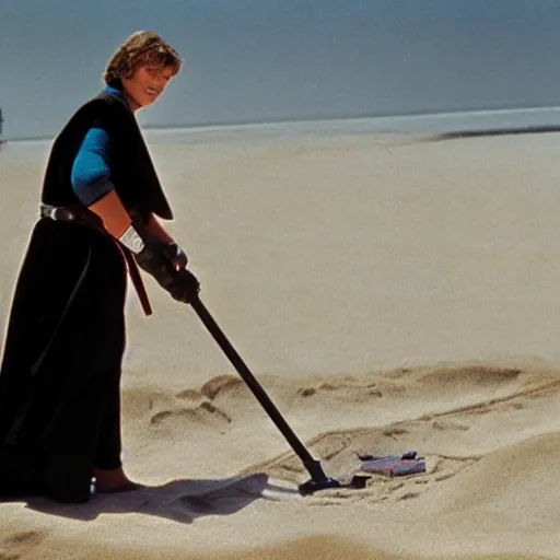 Image similar to anakin skywalker vacuuming the beach to remove sand