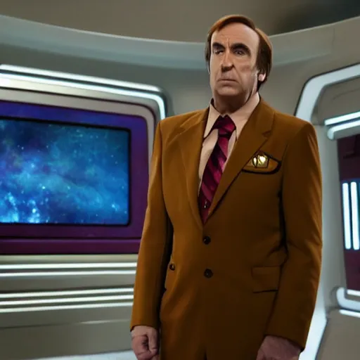 Prompt: saul goodman dressed as a star trek character, tv still, 4k,