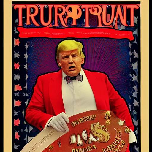 Prompt: Portrait of Trump wearing a red suit, illustrated by Alphonse Mucha, yellow stars, award-winning digital art, 4k resolution,