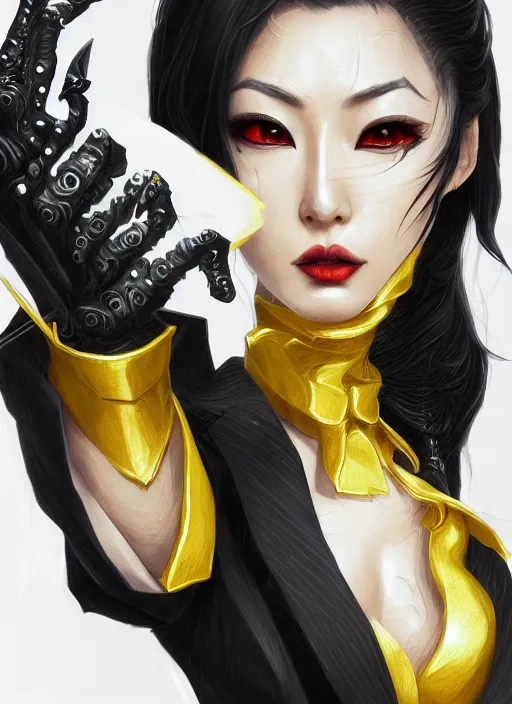 Image similar to a highly detailed illustration of meisa kuroki wearing black suit and tie with coattails, yellow eyes, dramatic pose, intricate, elegant, highly detailed, centered, digital painting, artstation, concept art, smooth, sharp focus, league of legends concept art, wlop.