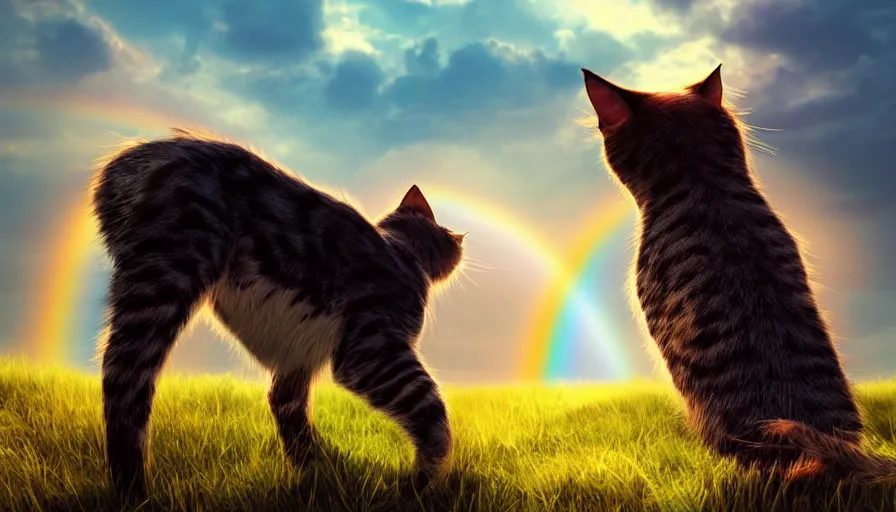 Image similar to back view of cats looking at rainbow, volumetric light, cloudy sky, hyperdetailed, artstation, cgsociety, 8 k