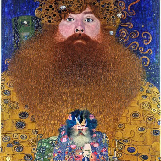 Image similar to by gustav klimt jaunty. a print of a mythological scene. large, bearded man seated on a throne, surrounded by sea creatures. he has a trident in one hand & a shield in the other. behind him is a large fish. in front of him are two smaller creatures.