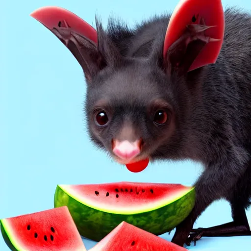Image similar to cute kawaii realistic fruit bat eats a watermelon piece, digital art, vector illustration, shutterstock, high quality, illustration, art, detailed, 3 d render, sticker,