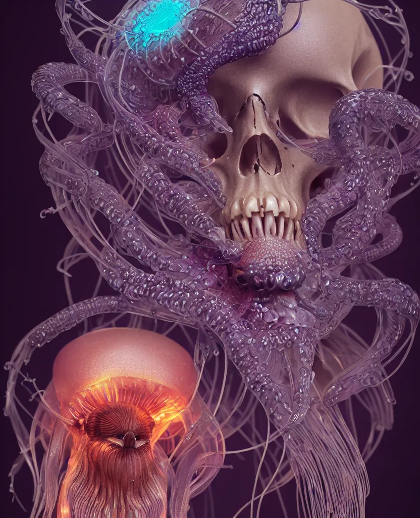 Image similar to goddess close-up portrait animal skull. jellyfish phoenix head, nautilus, orchid, skull, betta fish, bioluminiscent creatures, intricate artwork by Tooth Wu and wlop and beeple. octane render, trending on artstation, greg rutkowski very coherent symmetrical artwork. cinematic, hyper realism, high detail, octane render, 8k