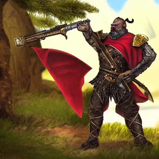 Image similar to Orc male readies his rifle, staring down the telescopic sights. His red and gold cape fluffers in the wind, and his renaissance era armor glistens in the sunshine.