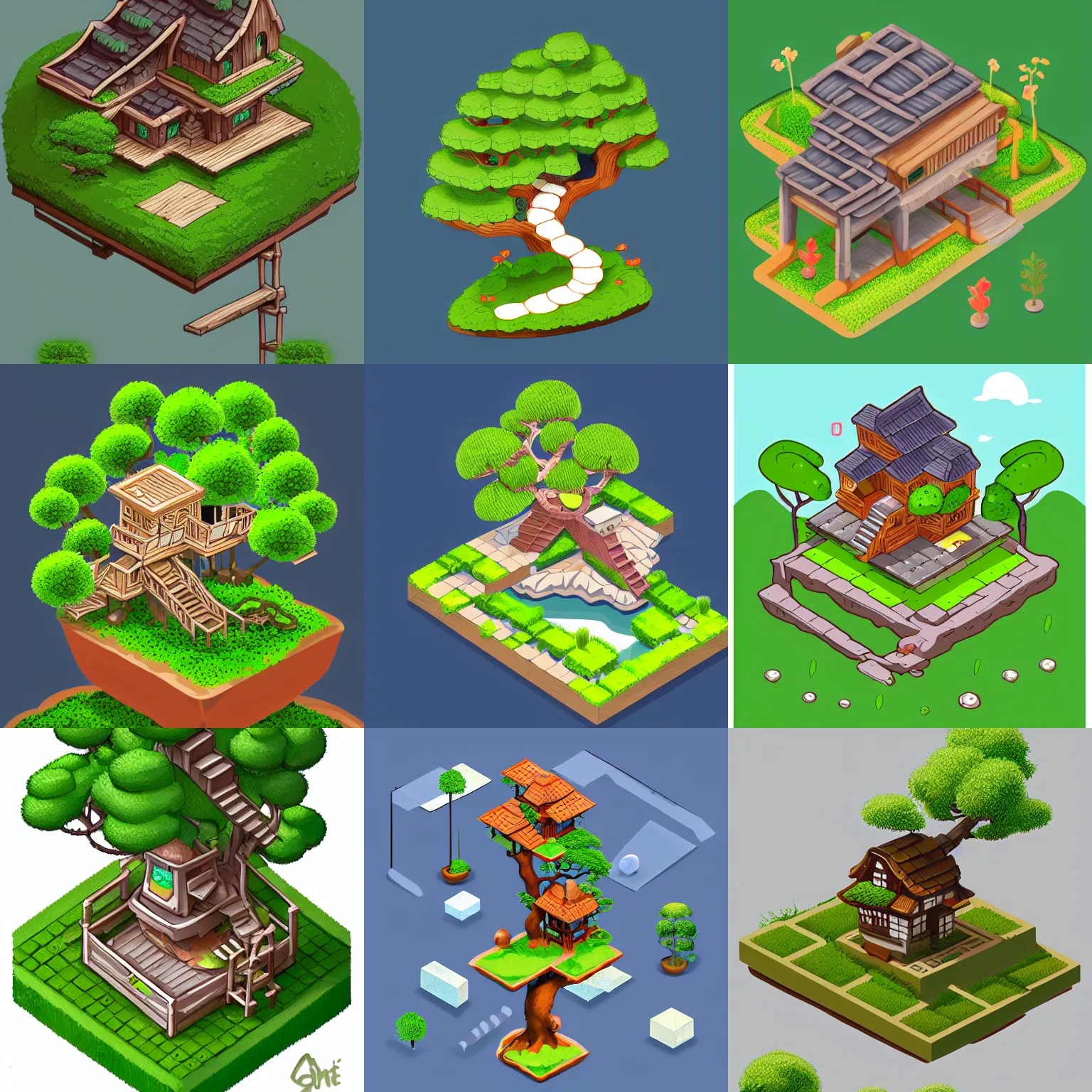 Prompt: Bonsai Tree House, isometric game asset, digital art, simple style, detailed drawing, artstation