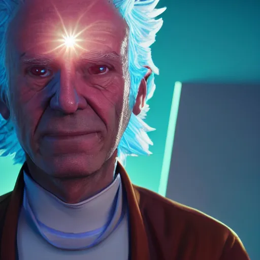 Image similar to portrait of old shaved rick sanchez, lab coat and tee shirt, lens flare, atmosphere, glow, detailed, intricate, full of colour, cinematic lighting, trending on artstation, 4 k, hyperrealistic, focused, extreme details, unreal engine 5, cinematic, masterpiece